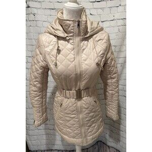 Bebe Women's Cream Quilted Hooded and Belted Zipper Winter Long Coat Size XS